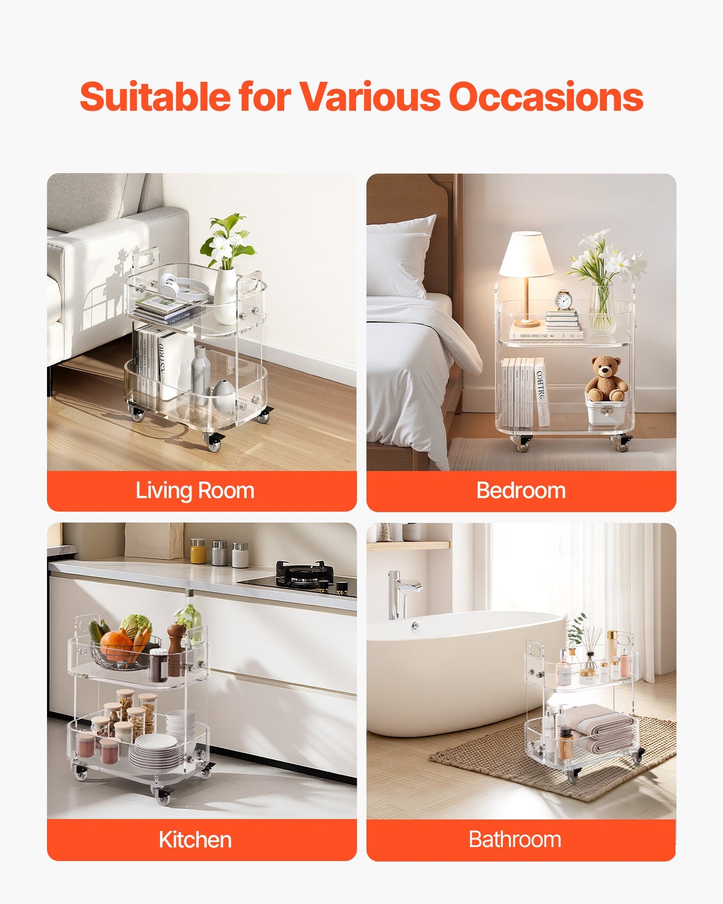 Akrylbord med hjul, mobilt vagnsbord med 2 nivåer, modernt rullande förvaringsskrivbord i akryl, genomskinligt nattduksbord, för vardagsrum, sovrum, bar, kontor, 30,5 x 41,6 x 48 cm (genomskinlig)