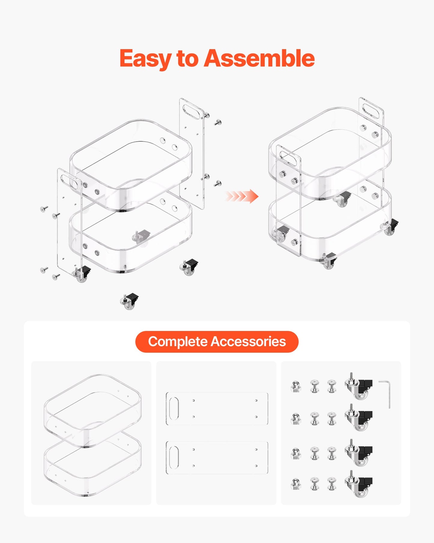 Akrylbord med hjul, mobilt vagnsbord med 2 nivåer, modernt rullande förvaringsskrivbord i akryl, genomskinligt nattduksbord, för vardagsrum, sovrum, bar, kontor, 30,5 x 41,6 x 48 cm (genomskinlig)