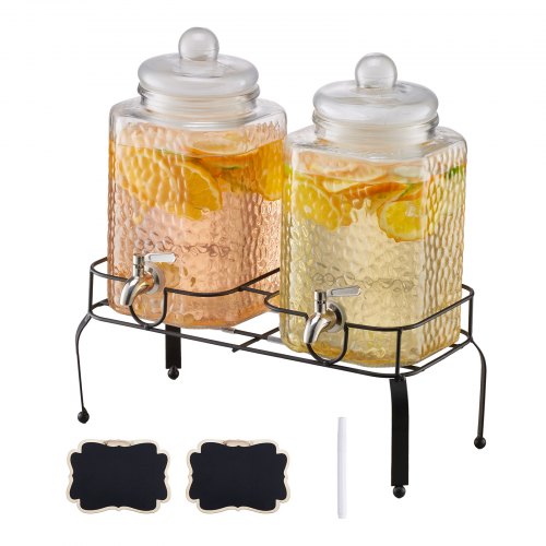 Dryckesdispenser, 2-pack 5,5 l dryckesdispensrar för fester, juicedispenser i glas med metallställ, kran i rostfritt stål, vattendispensrar för iste, citronjuice och iste för fester