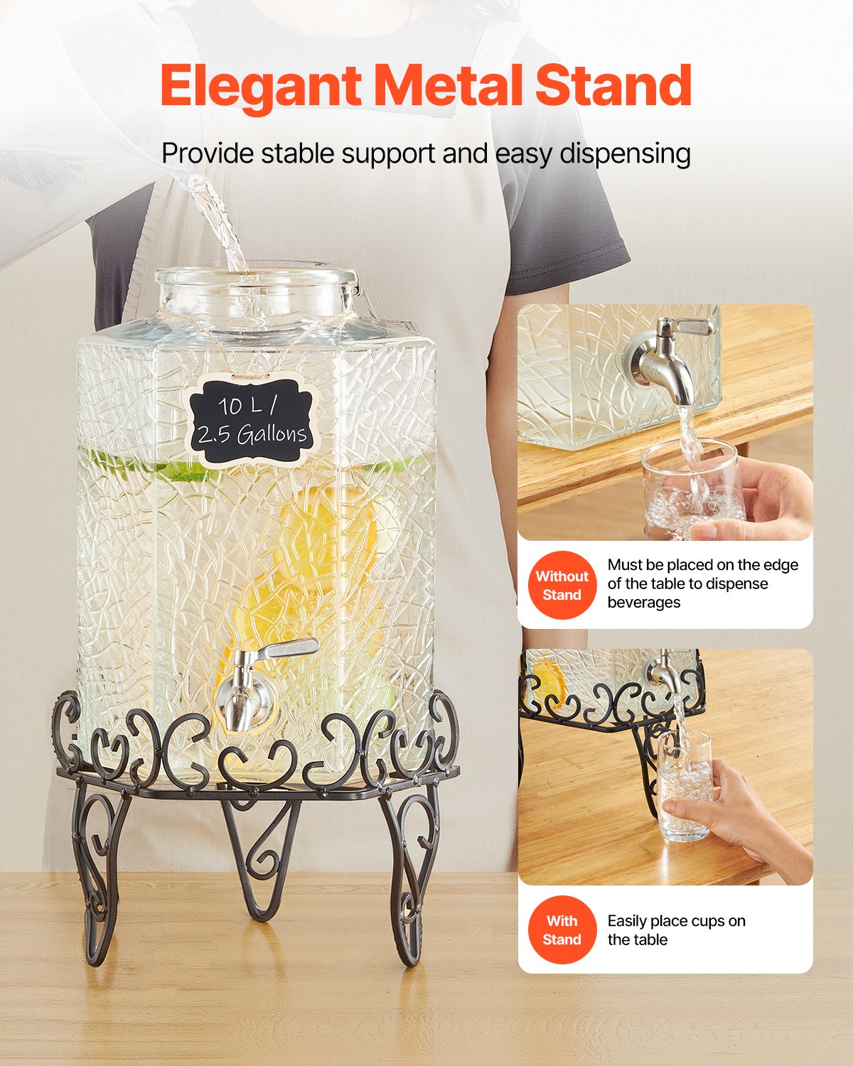 Dryckesdispenser, 10L dryckesdispensrar för fester, Glasjuicedispenser med metallställ, Tapp i rostfritt stål, Iste- och citronvattendispensrar för fester