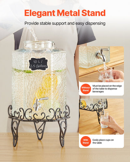 Dryckesdispenser, 10L dryckesdispensrar för fester, Glasjuicedispenser med metallställ, Tapp i rostfritt stål, Iste- och citronvattendispensrar för fester