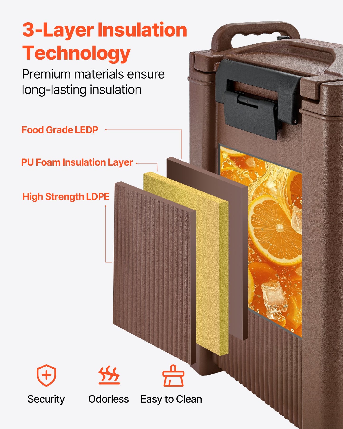 Isolerad dryckesdispenser, 5 gal/19 l varma och kalla drycker med kran och handtag, livsmedelsklassad termisk dryckesdispenserkylare för te, kaffe, vatten på kaféer och restauranger, brun