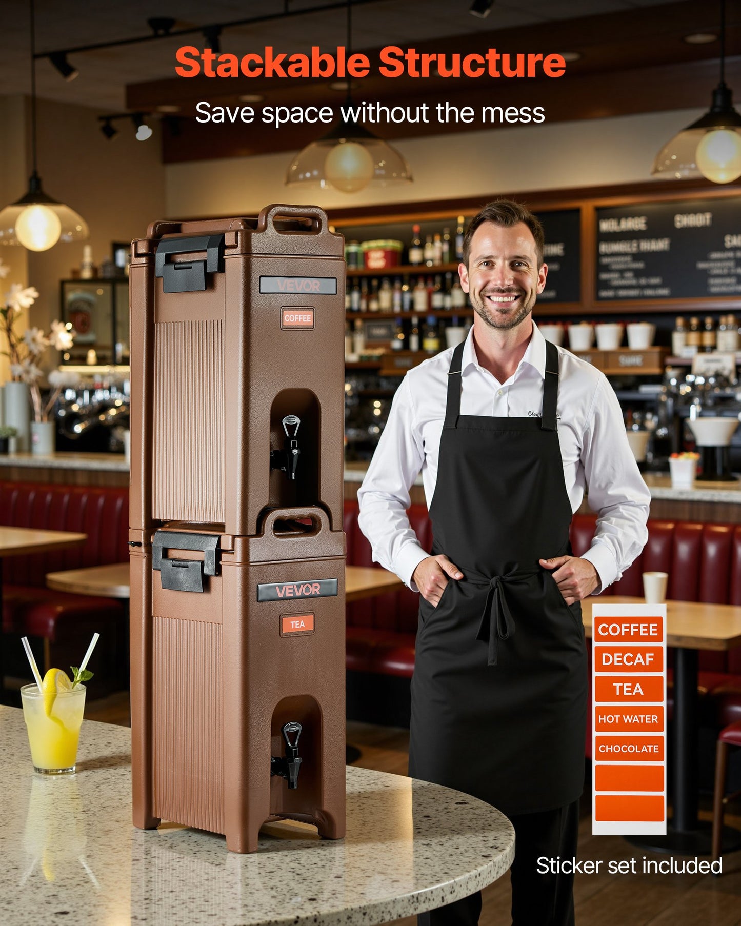 Isolerad dryckesdispenser, 5 gal/19 l varma och kalla drycker med kran och handtag, livsmedelsklassad termisk dryckesdispenserkylare för te, kaffe, vatten på kaféer och restauranger, brun