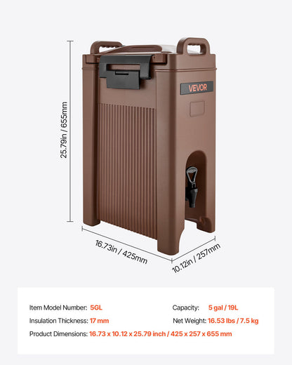 Isolerad dryckesdispenser, 5 gal/19 l varma och kalla drycker med kran och handtag, livsmedelsklassad termisk dryckesdispenserkylare för te, kaffe, vatten på kaféer och restauranger, brun