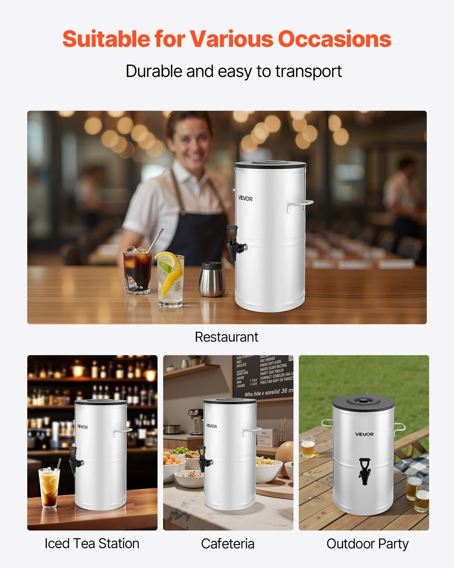 Iste-dispenser, 15 liter/4 gallon i rostfritt stål med kran och handtag, lämplig för varma och kalla drycker, för iste, kaffe, vatten på kaféer och restauranger