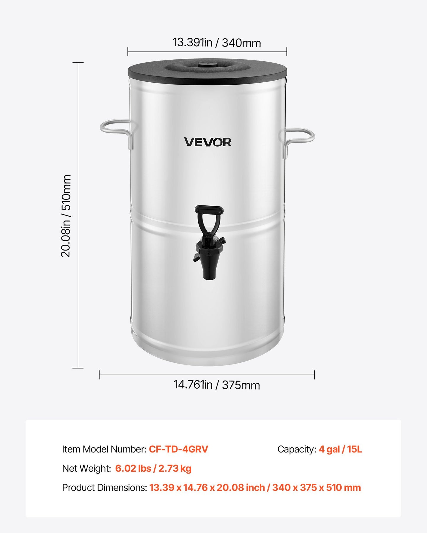 Iste-dispenser, 15 liter/4 gallon i rostfritt stål med kran och handtag, lämplig för varma och kalla drycker, för iste, kaffe, vatten på kaféer och restauranger