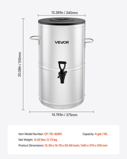 Iste-dispenser, 15 liter/4 gallon i rostfritt stål med kran och handtag, lämplig för varma och kalla drycker, för iste, kaffe, vatten på kaféer och restauranger