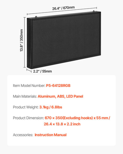 Programmerbar LED-skylt, P5 flexibel digital rullningspanel i fullfärg, gör-det-själv-anpassad textmönster GIF-display, Bluetooth APP-styrd anslagstavla för butiksreklam, inomhus 27x14 tum