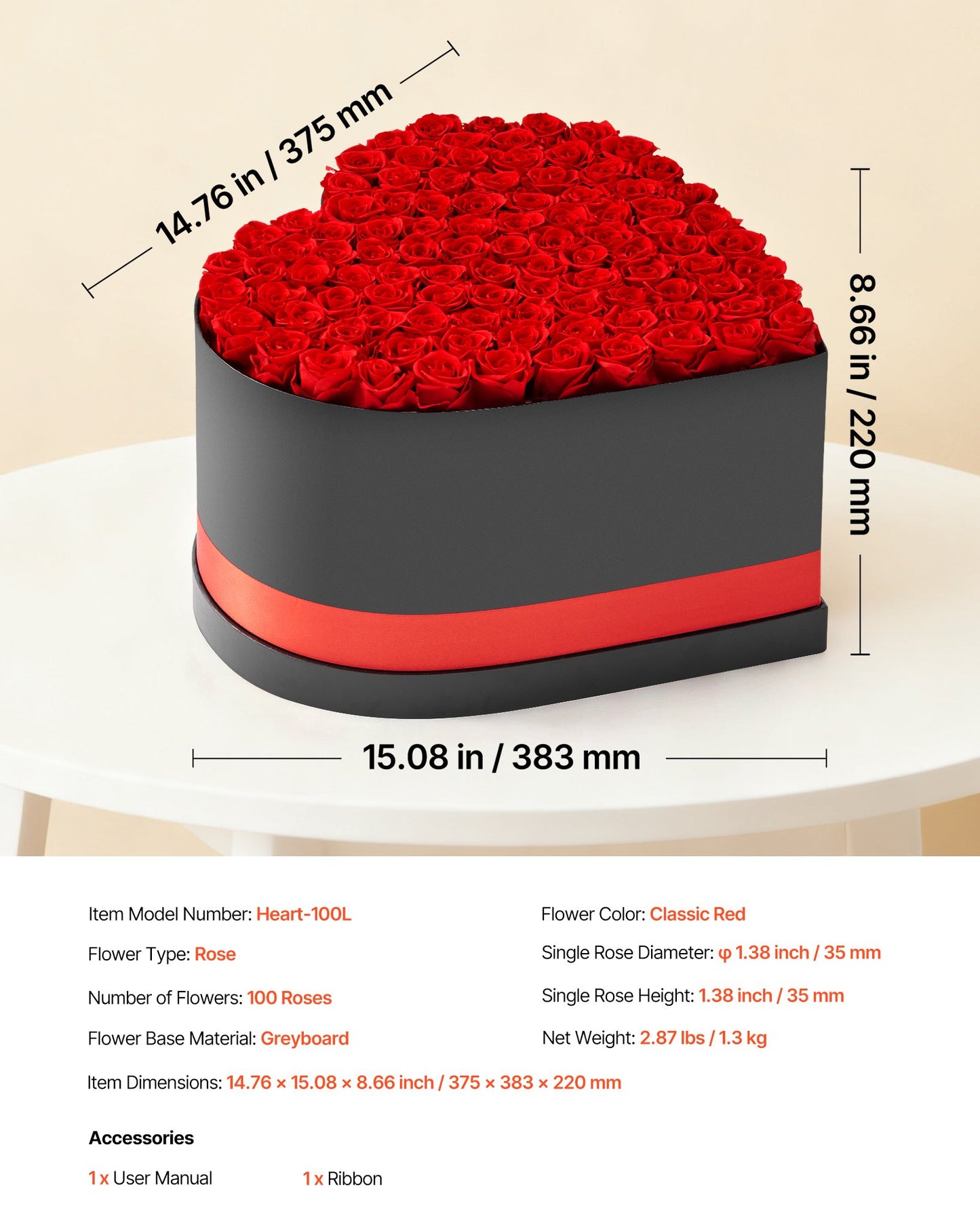 Forever Flowers, 100 konserverade rosor i en hjärtformad ask, Eternal Flowers Immortal Bukett Födelsedagspresent för kvinnor Hennes fru mödrar, årsdag, alla hjärtans dag, jul, röd