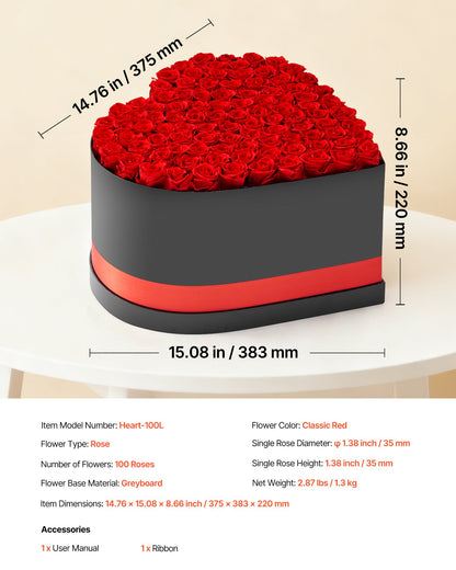 Forever Flowers, 100 konserverade rosor i en hjärtformad ask, Eternal Flowers Immortal Bukett Födelsedagspresent för kvinnor Hennes fru mödrar, årsdag, alla hjärtans dag, jul, röd