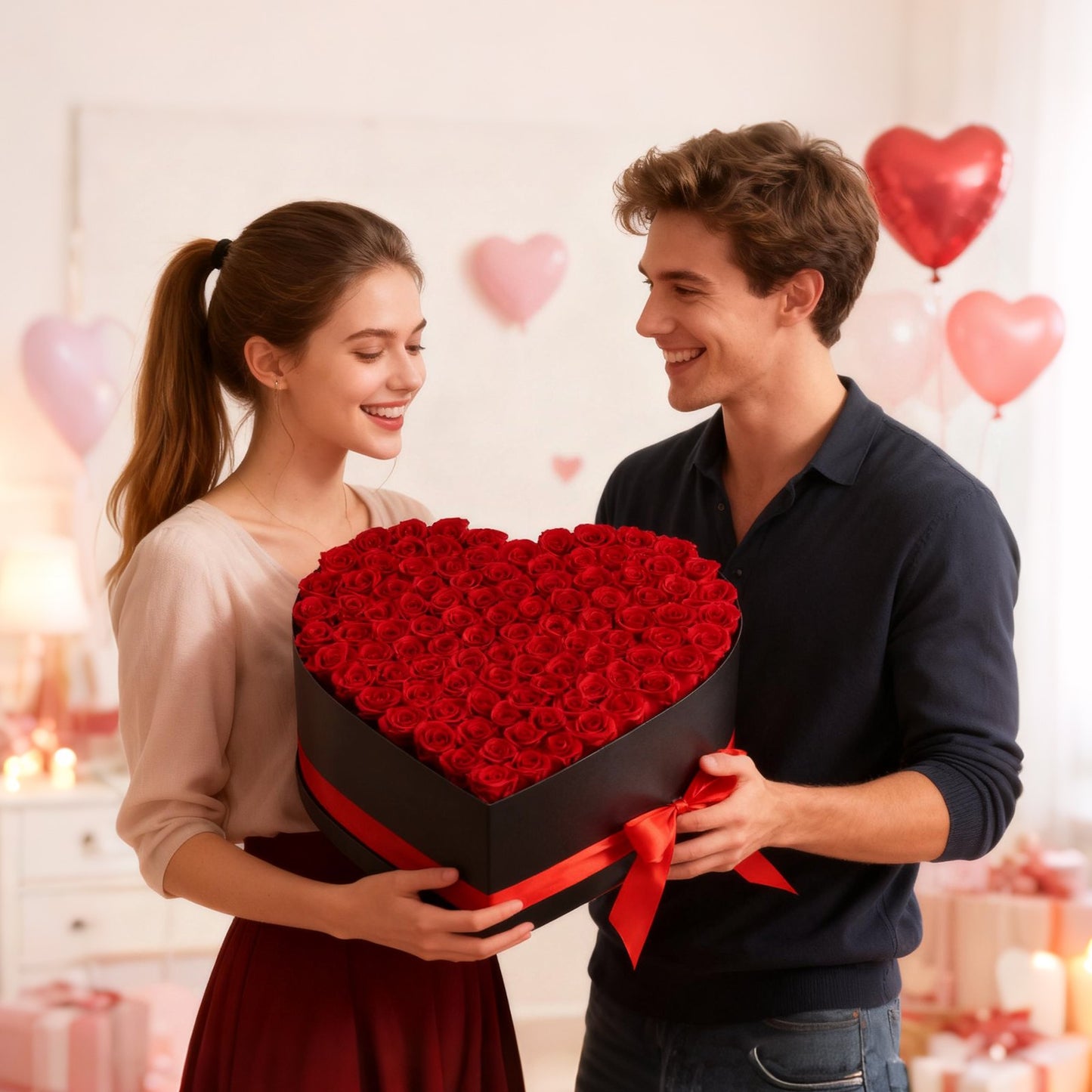 Forever Flowers, 100 konserverade rosor i en hjärtformad ask, Eternal Flowers Immortal Bukett Födelsedagspresent för kvinnor Hennes fru mödrar, årsdag, alla hjärtans dag, jul, röd