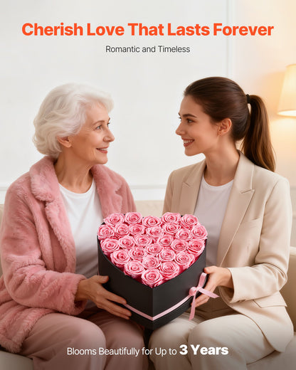 Forever Flowers, 27 konserverade rosor i en hjärtformad ask, Eternal Flowers Immortal Bukett Födelsedagspresent för kvinnor Hennes fru mödrar, Jubileum, Alla hjärtans dag, Jul, Rosa