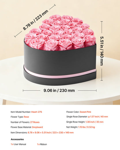 Forever Flowers, 27 konserverade rosor i en hjärtformad ask, Eternal Flowers Immortal Bukett Födelsedagspresent för kvinnor Hennes fru mödrar, Jubileum, Alla hjärtans dag, Jul, Rosa