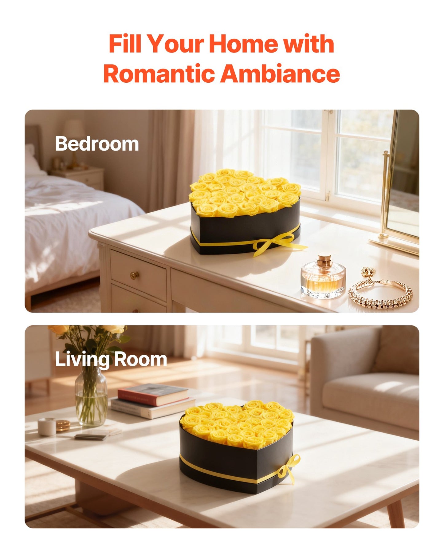 Forever Flowers, 27 konserverade rosor i en hjärtformad ask, Eternal Flowers Immortal Bukett Födelsedagspresent för kvinnor Hennes fru mödrar, Jubileum, Alla hjärtans dag, Jul, Gul