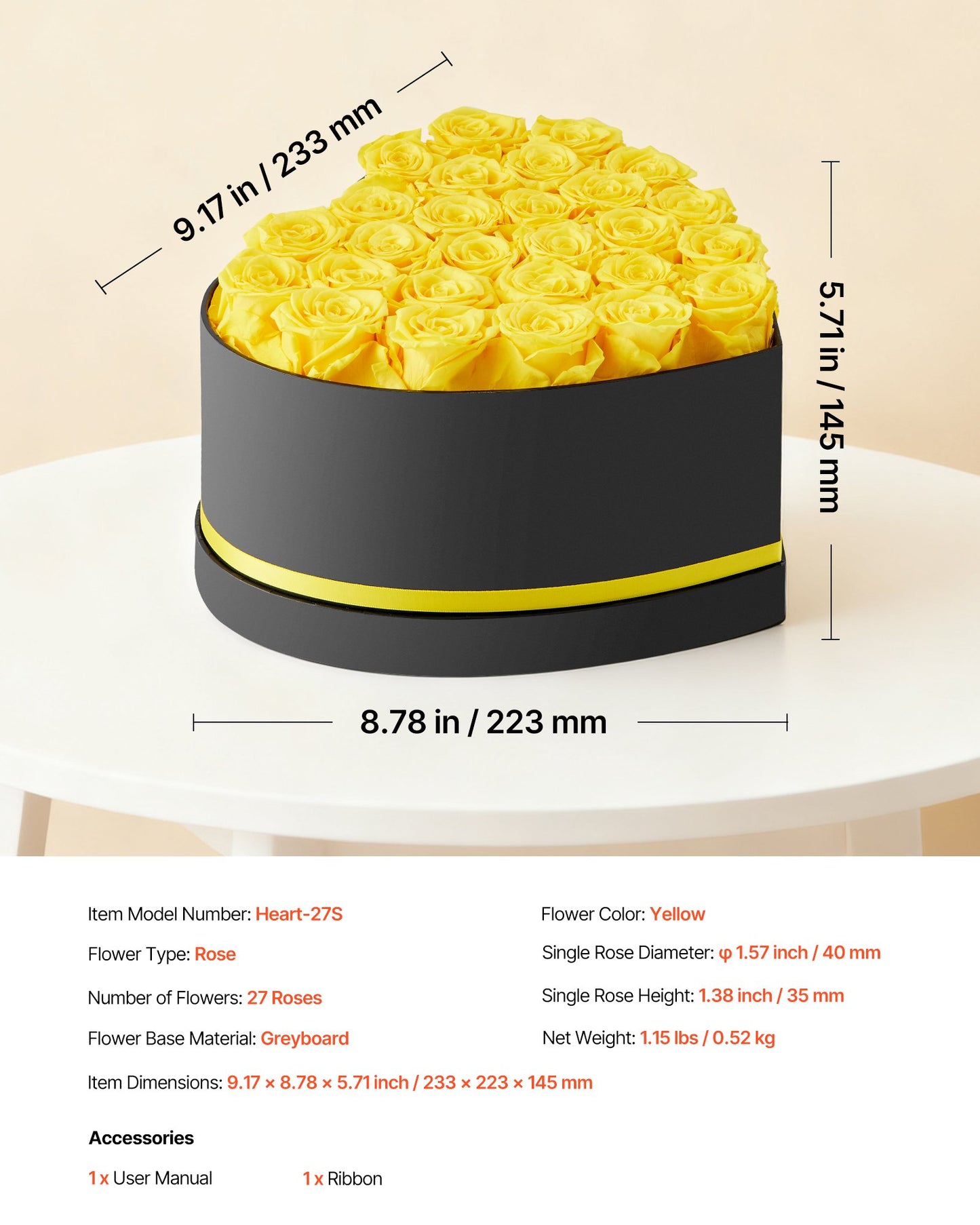 Forever Flowers, 27 konserverade rosor i en hjärtformad ask, Eternal Flowers Immortal Bukett Födelsedagspresent för kvinnor Hennes fru mödrar, Jubileum, Alla hjärtans dag, Jul, Gul