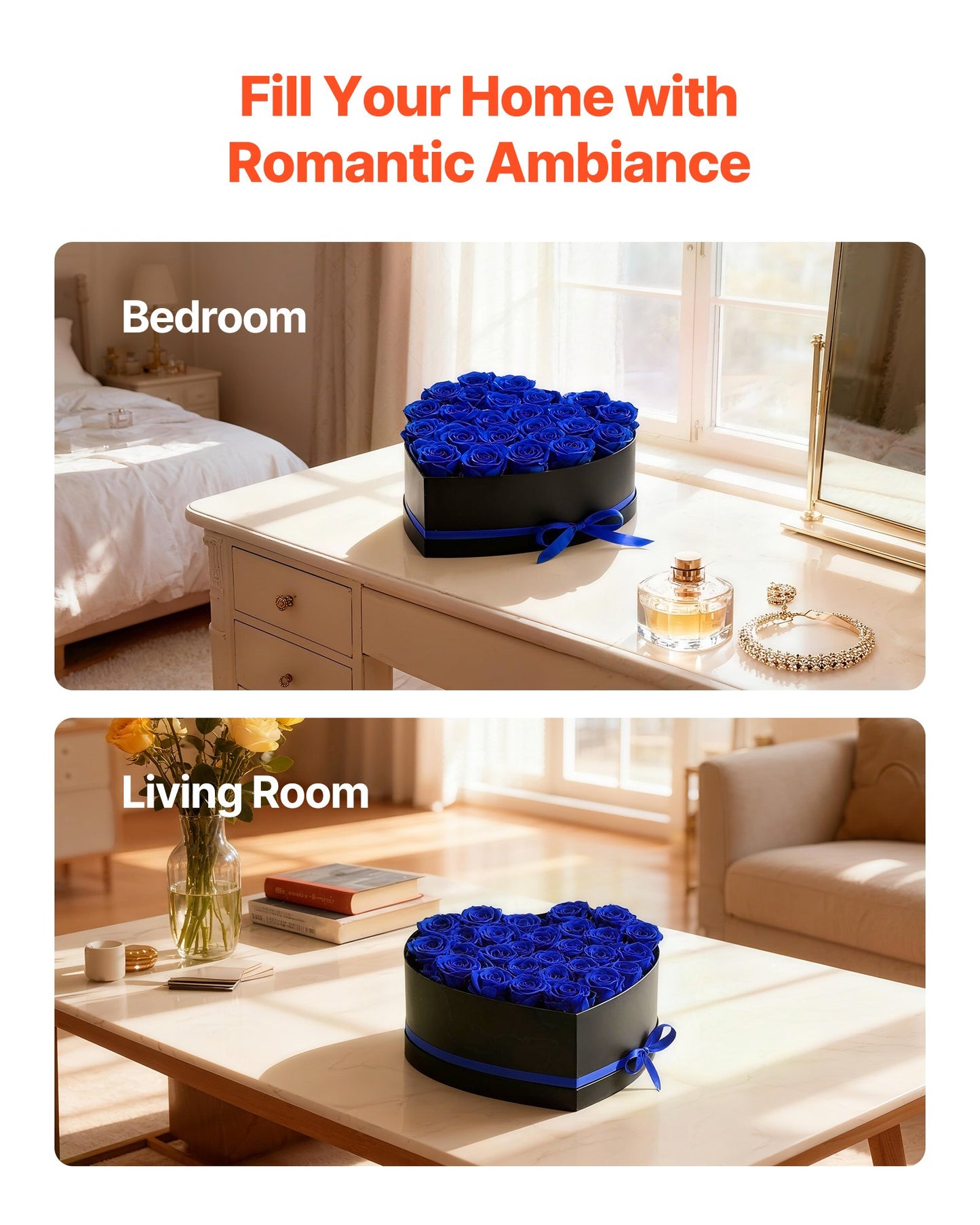 Forever Flowers, 27 konserverade rosor i en hjärtformad ask, Eternal Flowers Immortal Bukett Födelsedagspresent för kvinnor Hennes fru mödrar, Jubileum, Alla hjärtans dag, Jul, Kungsblå