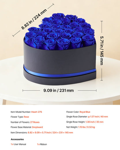 Forever Flowers, 27 konserverade rosor i en hjärtformad ask, Eternal Flowers Immortal Bukett Födelsedagspresent för kvinnor Hennes fru mödrar, Jubileum, Alla hjärtans dag, Jul, Kungsblå