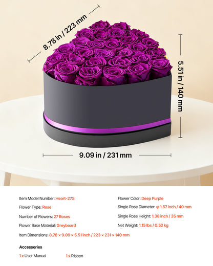 Forever Flowers, 27 konserverade rosor i hjärtformad ask, Eternal Flowers Immortal Bukett Födelsedagspresent för kvinnor Hennes fru mödrar, Jubileum, Alla hjärtans dag, Jul, Lila