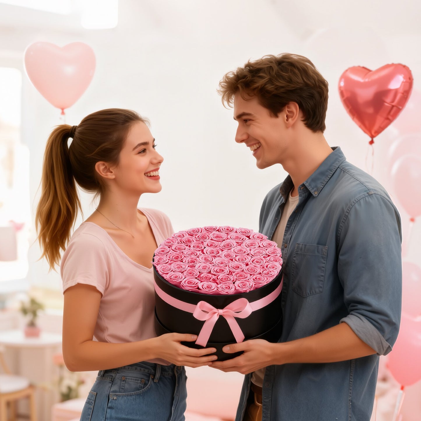 Forever Flowers, 50 konserverade rosor i en låda, Eternal Flowers Immortal Bukett Födelsedagspresent för leverans Prime Women Her Wife Mothers, Jubileum, Alla hjärtans dag, Jul, Söt Rosa