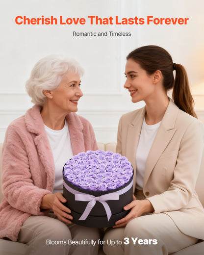 Eviga blommor, 50 konserverade rosor i en låda, eviga blommor, odödlig bukett, födelsedagspresent för kvinnor, hennes fru, mödrar, årsdag, alla hjärtans dag, jul, lavendel lila