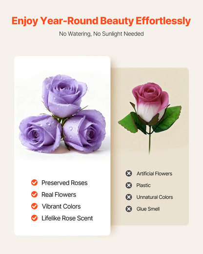Eviga blommor, 50 konserverade rosor i en låda, eviga blommor, odödlig bukett, födelsedagspresent för kvinnor, hennes fru, mödrar, årsdag, alla hjärtans dag, jul, lavendel lila