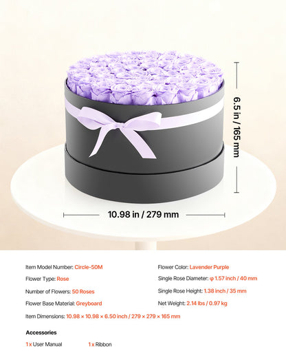 Eviga blommor, 50 konserverade rosor i en låda, eviga blommor, odödlig bukett, födelsedagspresent för kvinnor, hennes fru, mödrar, årsdag, alla hjärtans dag, jul, lavendel lila