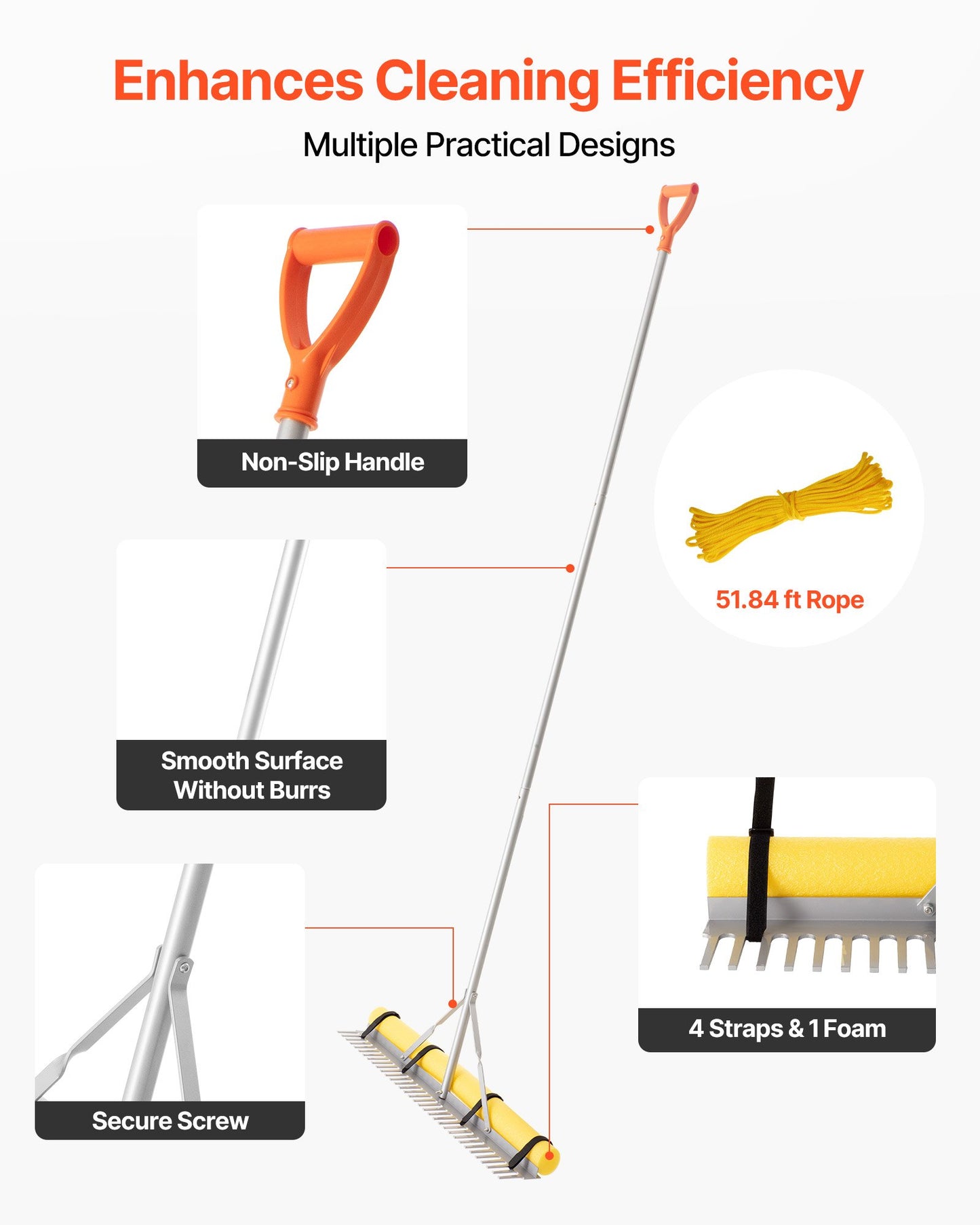 Landskapskratta, 914 mm brett huvud, 2590 mm handtag, stort och kraftigt lövkrattaverktyg i aluminium för landskapsarkitektur, asfaltsvattenpass för att luckra upp jord, trädgård och uteplats, dammgrus och strandgräsmatta, 15,8 m rep
