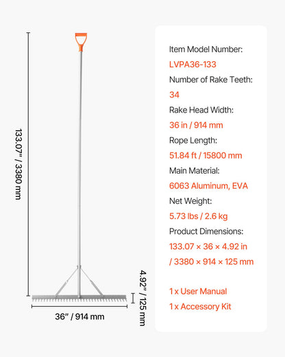 Landskapskratta, 914 mm brett huvud, 3380 mm handtag, stor kraftig lövkratta i aluminium, asfaltsvattenpass för att luckra upp jord, trädgård och uteplats, dammgrus och strandgräsmatta, 15,8 m rep
