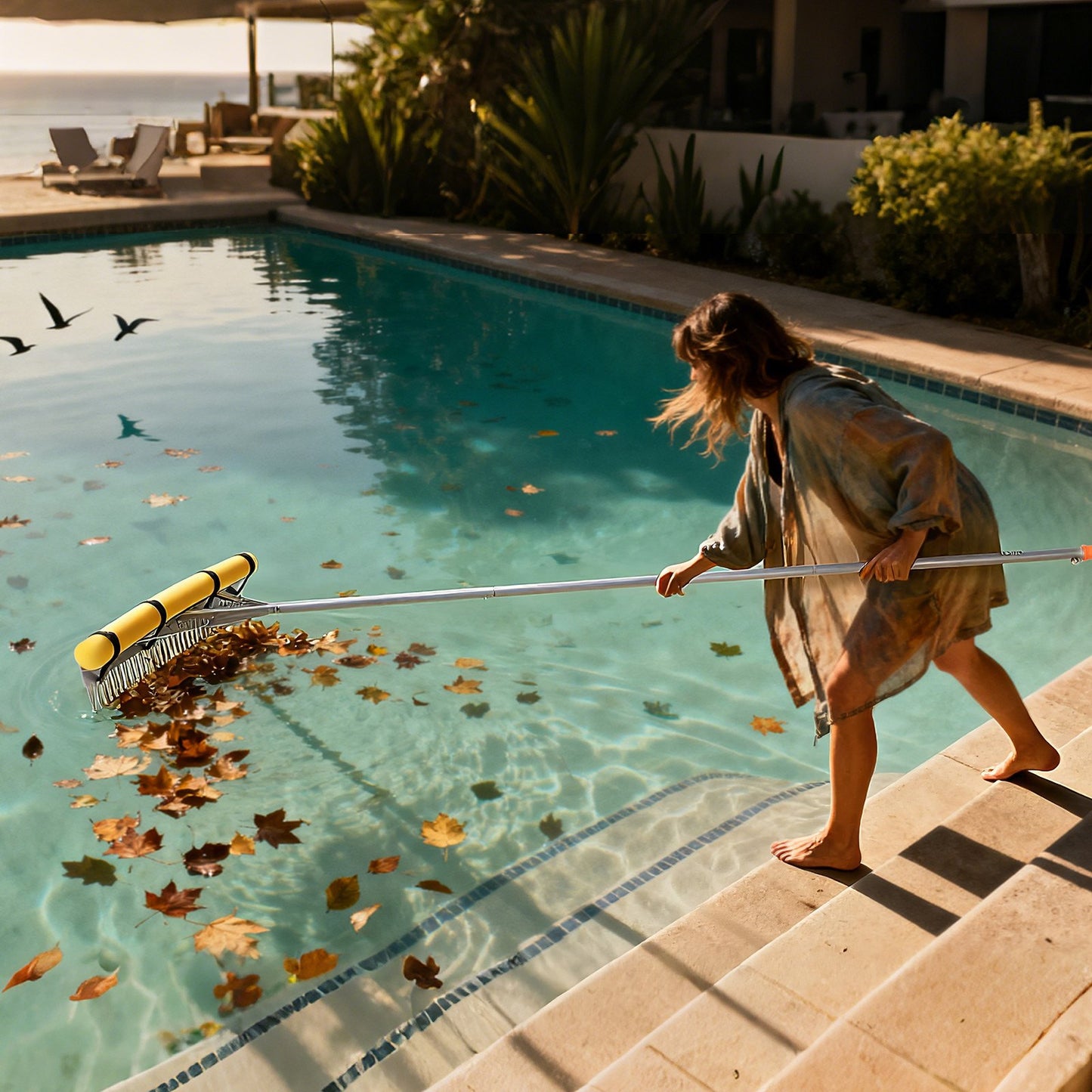 Landskapskratta, 914 mm brett huvud, 3380 mm handtag, stor kraftig lövkratta i aluminium, asfaltsvattenpass för att luckra upp jord, trädgård och uteplats, dammgrus och strandgräsmatta, 15,8 m rep