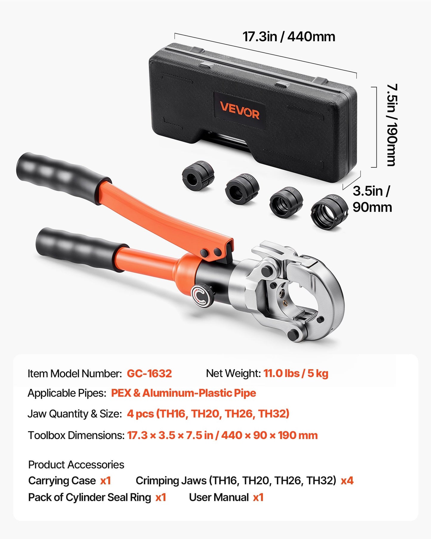 Hydraulisk rörpressverktyg, PEX- och aluminium-plaströrkopplingar med TH16 TH20 TH26 TH32 käftar och bärväska, presskrimpverktygssats för VVS-reparationer och installationer
