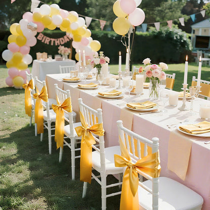 Satinstolsbågar med rosetter, 100 st stolsband med band, 7 x 108 tum, guldfärgad bröllopsdekoration, för bröllopsceremoni, babyshower, fest, evenemang, bankett, stolsöverdrag