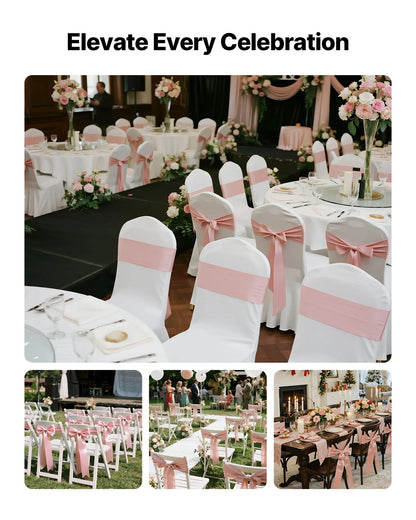 Satinstolsbågar med rosetter, 50 st. stolsband med band, 7 x 108 tum, roséguld bröllopsdekoration, för bröllopsceremoni babyshowerfest evenemang bankett stolsöverdrag dekoration