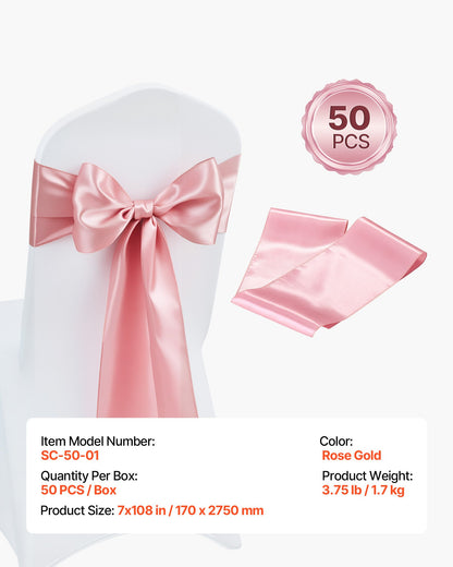 Satinstolsbågar med rosetter, 50 st. stolsband med band, 7 x 108 tum, roséguld bröllopsdekoration, för bröllopsceremoni babyshowerfest evenemang bankett stolsöverdrag dekoration