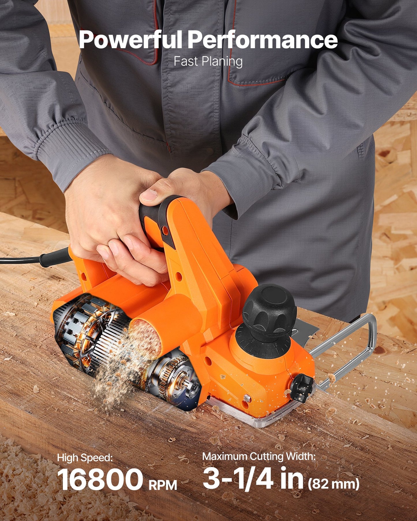 Elektrisk handhyvel, 82 mm skärbredd, 650W 16800 RPM Sladdansluten handhyvel för trä, med justerbart skärdjup, 2 blad, för träbearbetning, träfas, gör-det-själv, slät yta, snickeriverktyg