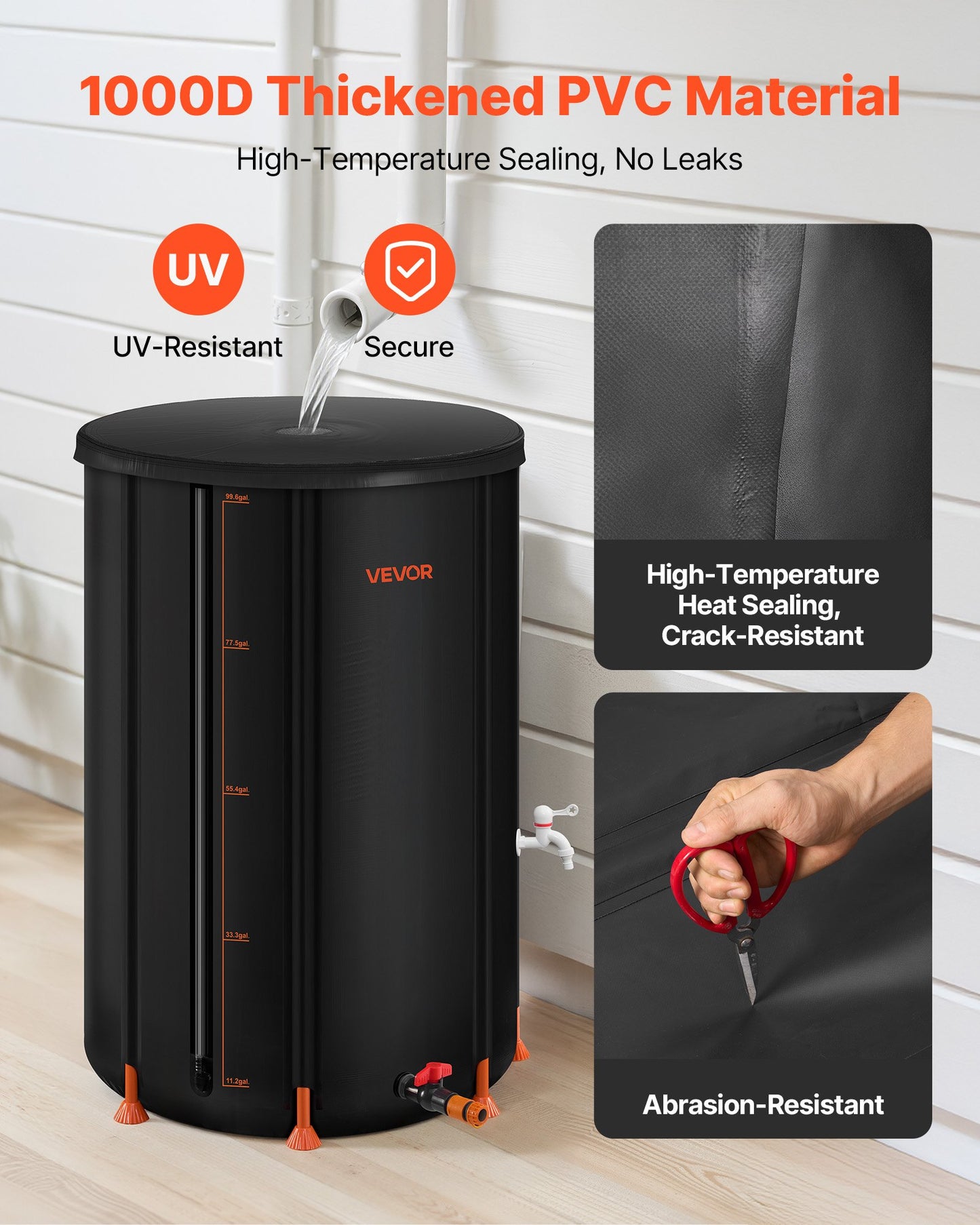 Hopfällbar regntunna, 380 l bärbar regnvattentunna, 1000D PVC regnvattenuppsamlingssystem, trädgårdsvattenuppsamlare med kran och överfyllningskit, svart