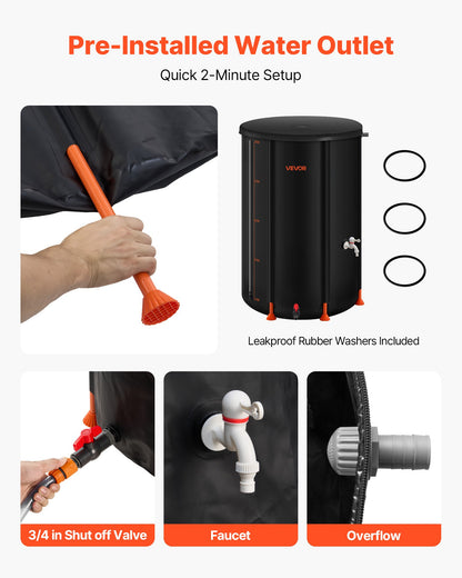 Hopfällbar regntunna, 380 l bärbar regnvattentunna, 1000D PVC regnvattenuppsamlingssystem, trädgårdsvattenuppsamlare med kran och överfyllningskit, svart