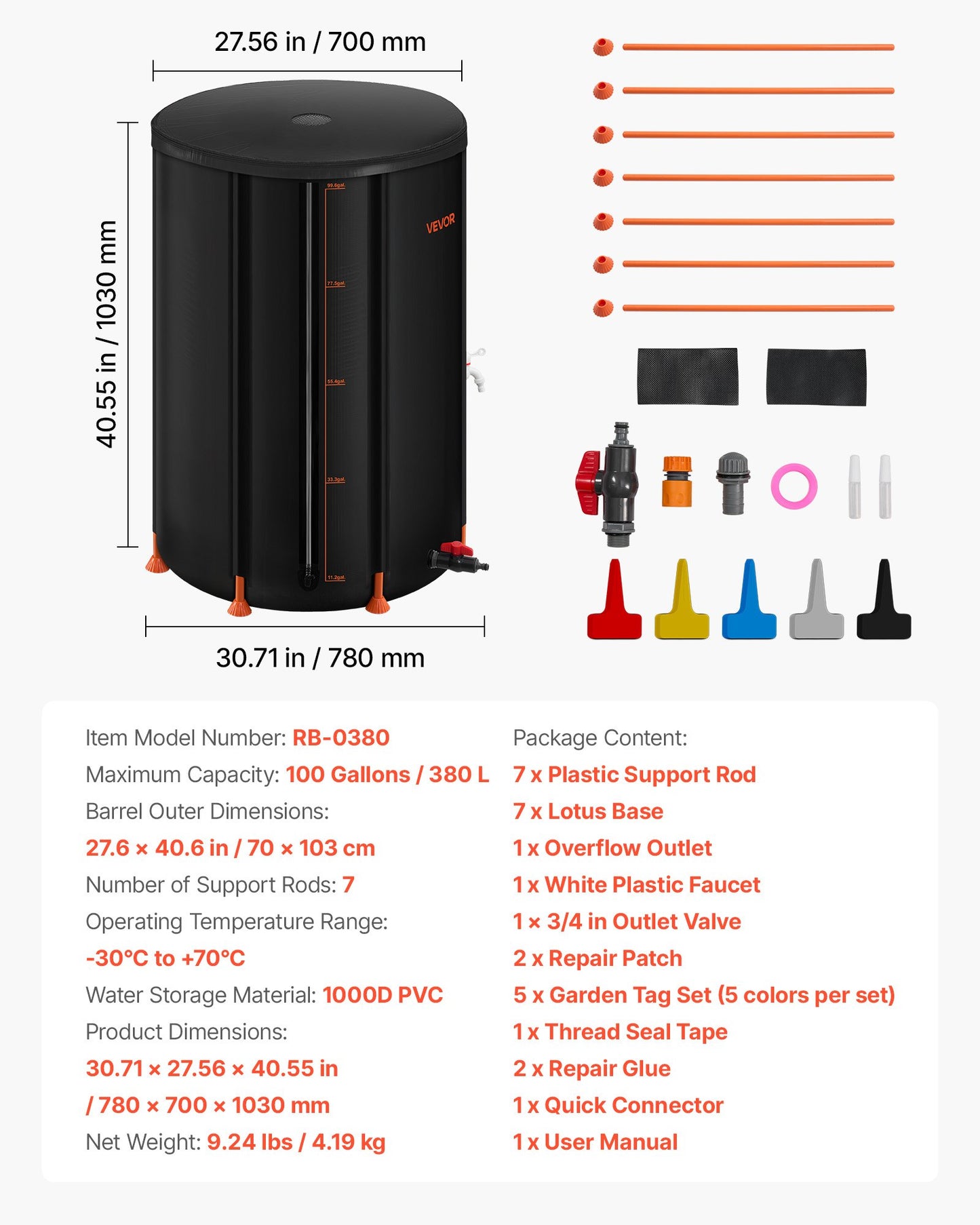 Hopfällbar regntunna, 380 l bärbar regnvattentunna, 1000D PVC regnvattenuppsamlingssystem, trädgårdsvattenuppsamlare med kran och överfyllningskit, svart