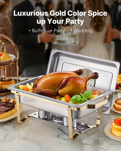 Varmfatbufféset, 8 liter, 4-pack, rostfritt stålvärmare med 4 fullstora pannor, rektangulär cateringvärmare med glaslock, vattenpanna, hopfällbart stativ, bränslehållare, för bröllopsfest, bankett