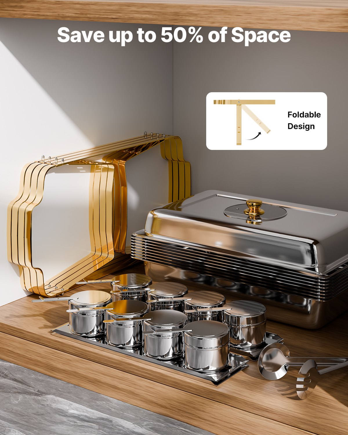 Varmfatbufféset, 8 liter, 4-pack, rostfritt stålvärmare med 4 fullstora pannor, rektangulär cateringvärmare med glaslock, vattenpanna, hopfällbart stativ, bränslehållare, för bröllopsfest, bankett