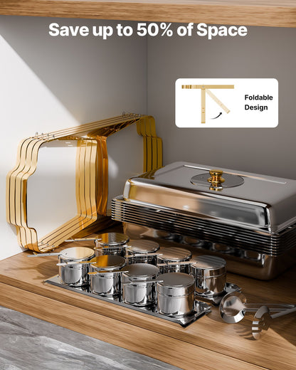 Varmfatbufféset, 8 liter, 4-pack, rostfritt stålvärmare med 4 fullstora pannor, rektangulär cateringvärmare med glaslock, vattenpanna, hopfällbart stativ, bränslehållare, för bröllopsfest, bankett