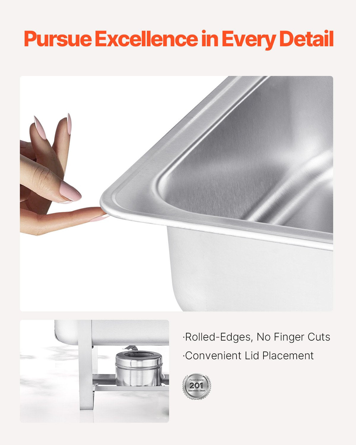 Varmdiskbufféset, 8 liter, 6-pack, rostfritt stålvärmare med 6 fullstora stekpannor, rektangulär cateringvärmare med lock, vattenkastrullställ, bränslehållare, för bröllop, fester, banketter, silver