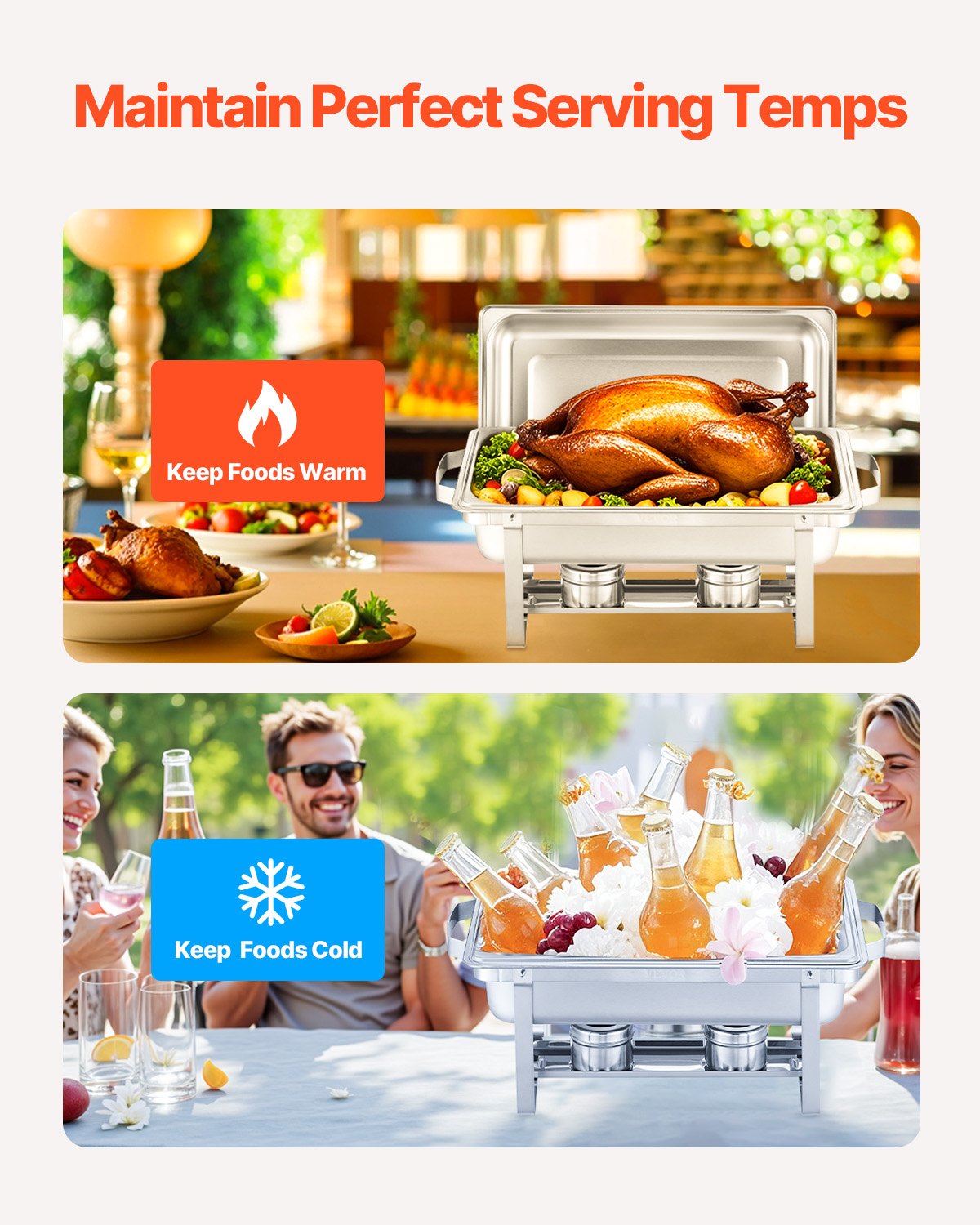 Varmdiskbufféset, 8 liter, 6-pack, rostfritt stålvärmare med 6 fullstora stekpannor, rektangulär cateringvärmare med lock, vattenkastrullställ, bränslehållare, för bröllop, fester, banketter, silver