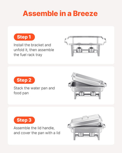 Varmdiskbufféset, 8 liter, 6-pack, rostfritt stålvärmare med 6 fullstora stekpannor, rektangulär cateringvärmare med lock, vattenkastrullställ, bränslehållare, för bröllop, fester, banketter, silver