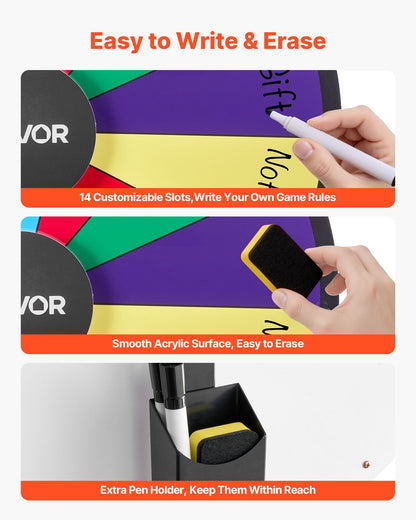 610 mm snurrande prishjul, 14 platser med stativ, bordsroulette med whiteboard och 2 markörer, 6 färger, enkel montering, för fest, pub, mässa, karnevalsevenemang