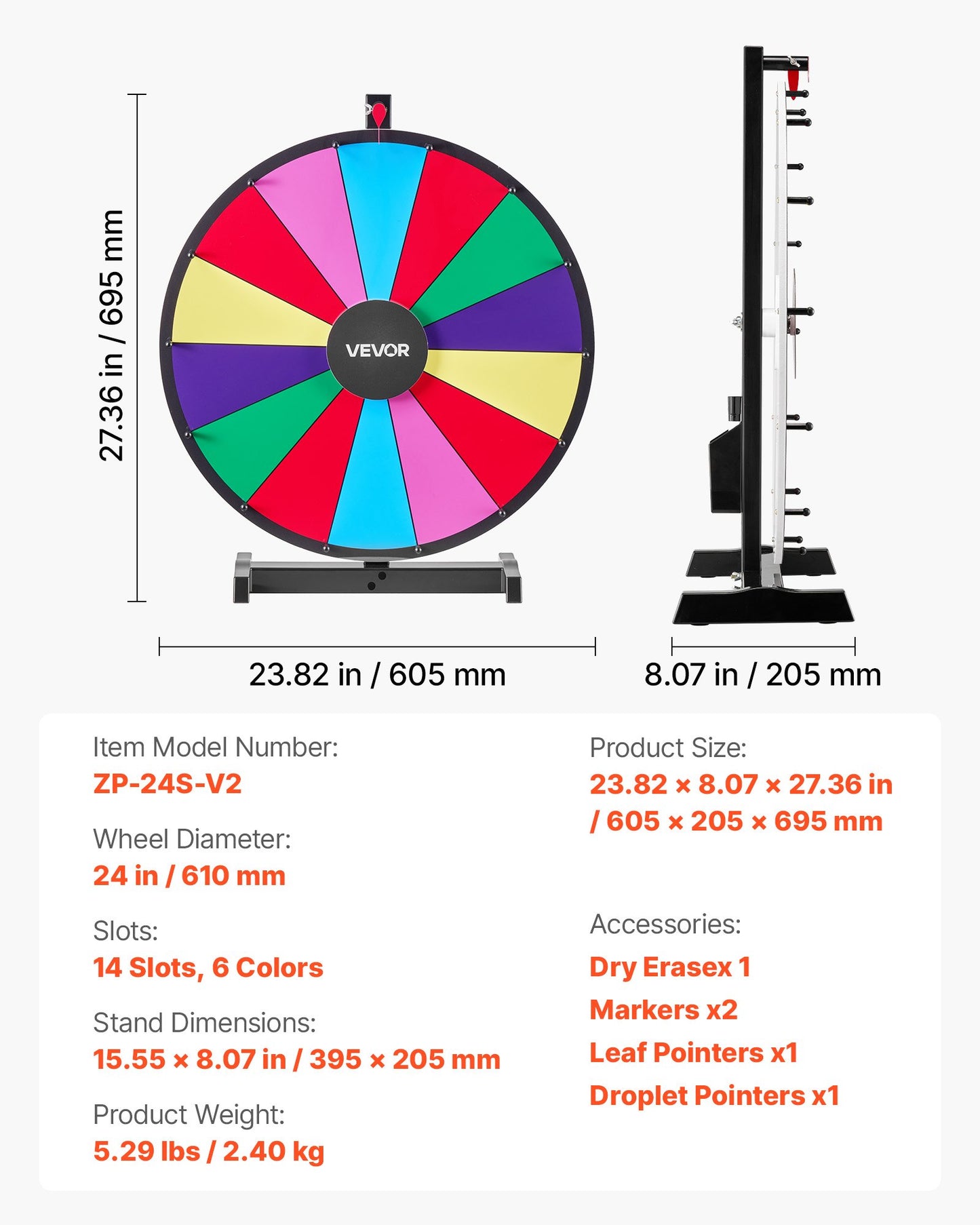 610 mm snurrande prishjul, 14 platser med stativ, bordsroulette med whiteboard och 2 markörer, 6 färger, enkel montering, för fest, pub, mässa, karnevalsevenemang