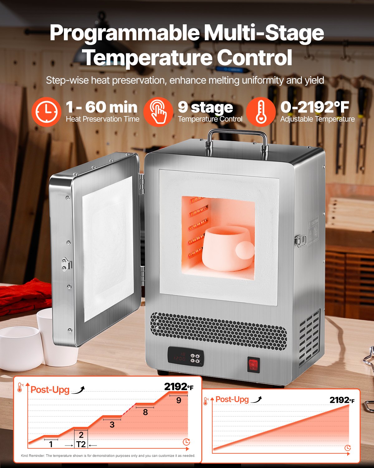 Bordsmältningsugn, 1500W kraftfull elektrisk ugn, maxtemperatur 2192℉ / 1200℃, rostfritt stål, guldsmältningsugn för vaxgjutning, lera DIY, metallhärdning, glasering på keramik, silver