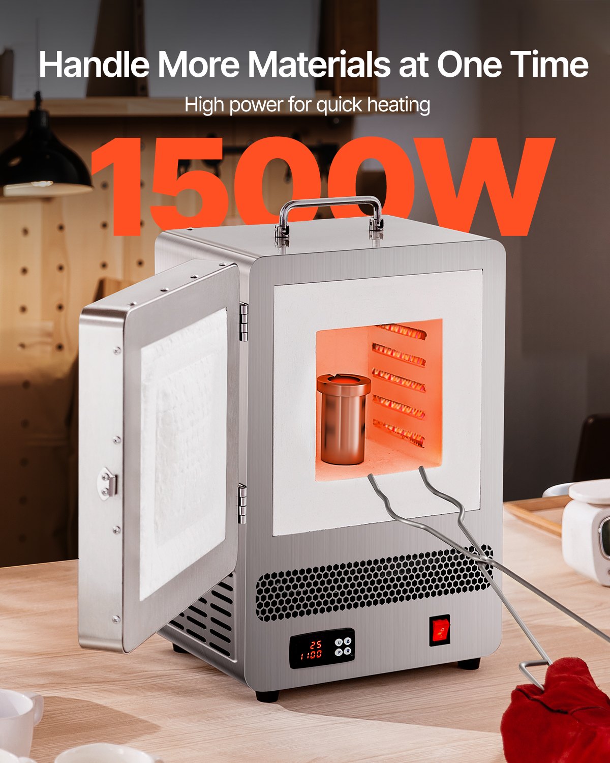 Bordsmältningsugn, 1500W kraftfull elektrisk ugn, maxtemperatur 2192℉ / 1200℃, rostfritt stål, guldsmältningsugn för vaxgjutning, lera DIY, metallhärdning, glasering på keramik, silver