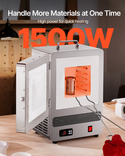 Bordsmältningsugn, 1500W kraftfull elektrisk ugn, maxtemperatur 2192℉ / 1200℃, rostfritt stål, guldsmältningsugn för vaxgjutning, lera DIY, metallhärdning, glasering på keramik, silver
