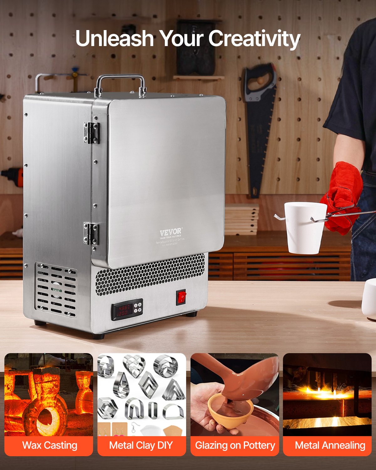 Bordsmältningsugn, 1500W kraftfull elektrisk ugn, maxtemperatur 2192℉ / 1200℃, rostfritt stål, guldsmältningsugn för vaxgjutning, lera DIY, metallhärdning, glasering på keramik, silver