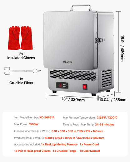 Bordsmältningsugn, 1500W kraftfull elektrisk ugn, maxtemperatur 2192℉ / 1200℃, rostfritt stål, guldsmältningsugn för vaxgjutning, lera DIY, metallhärdning, glasering på keramik, silver